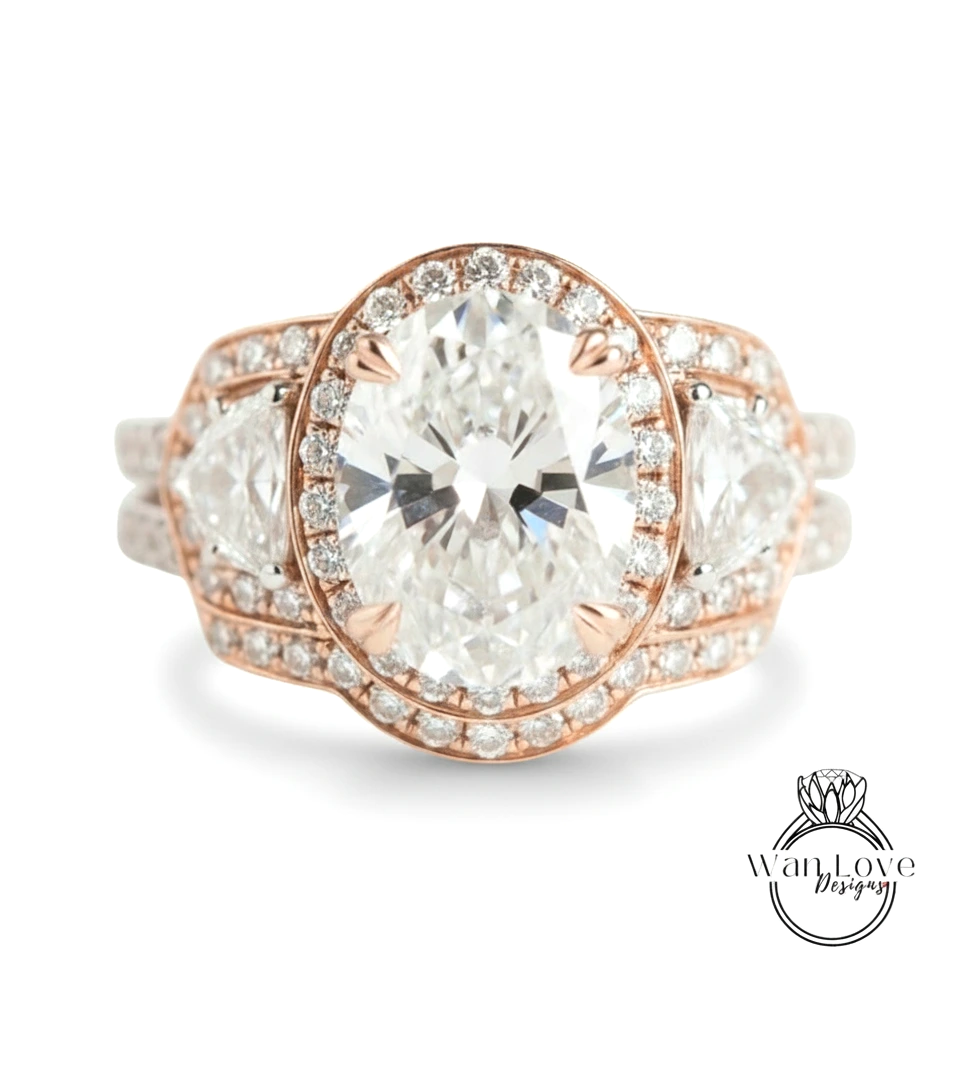 A close-up of a beautiful diamond engagement ring with a large oval-shaped diamond at the center, surrounded by smaller diamonds and set in a rose gold band.