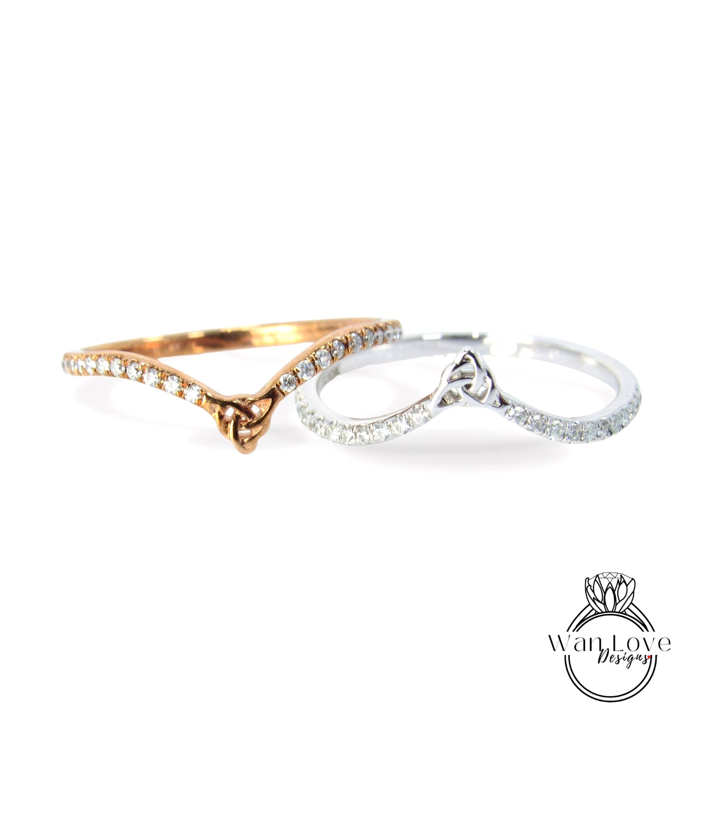 Two rings with a knot design and small diamonds are displayed against a white background.