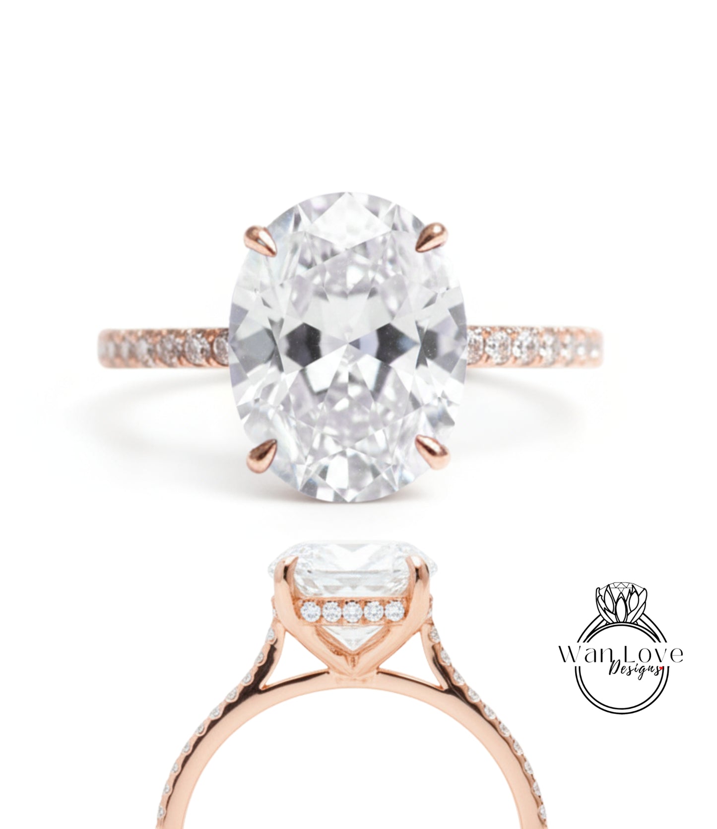 a large oval-shaped diamond engagement ring with a rose gold band and a halo of smaller diamonds around the center stone.