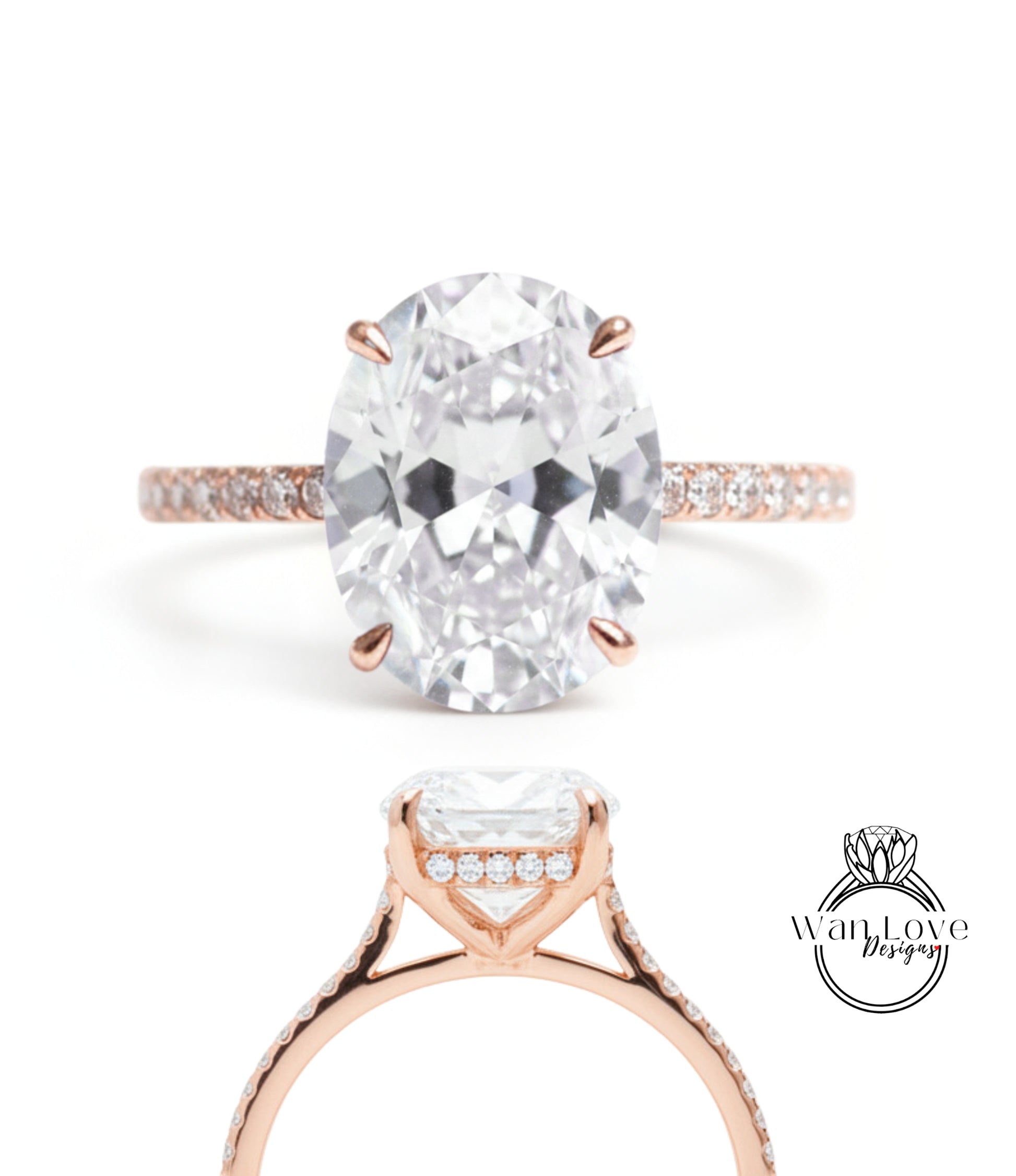 a large oval-shaped diamond engagement ring with a rose gold band and a halo of smaller diamonds around the center stone.