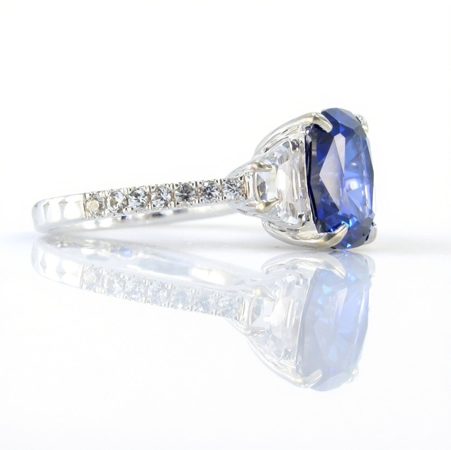 Blue White Sapphire Elongated Cushion Half moon Engagement Ring 4ct art deco three gem stone ring 3 gemstone wedding bridal anniversary gift