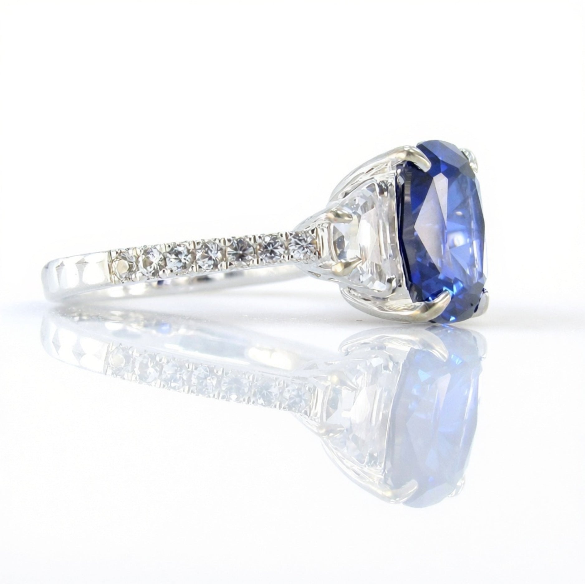 Blue White Sapphire Elongated Cushion Half moon Engagement Ring 4ct art deco three gem stone ring 3 gemstone wedding bridal anniversary gift