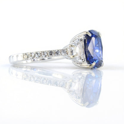 Blue White Sapphire Elongated Cushion Half moon Engagement Ring 4ct art deco three gem stone ring 3 gemstone wedding bridal anniversary gift