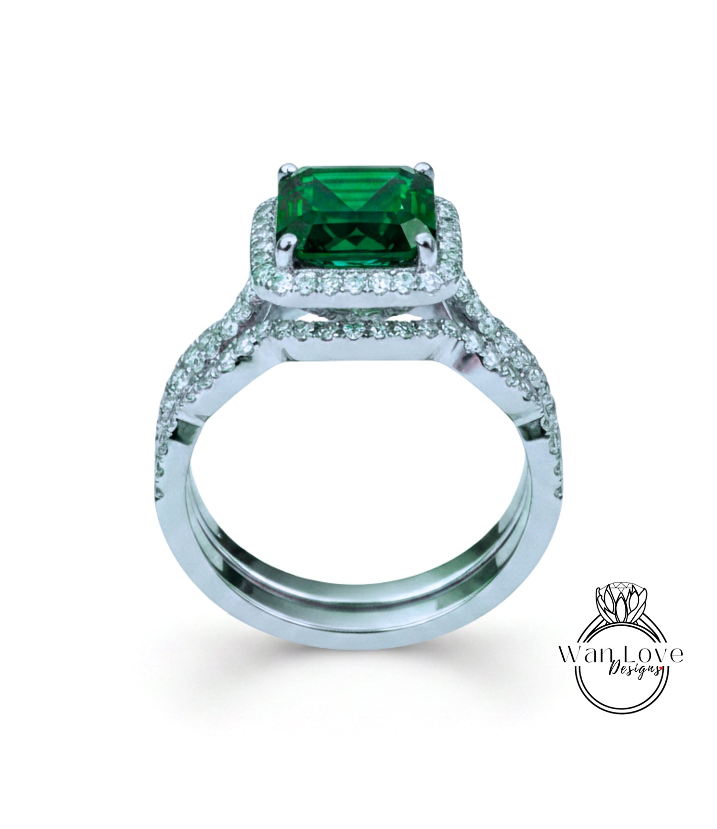 A silver ring with a large, square-cut green gemstone set in a halo of smaller diamonds.