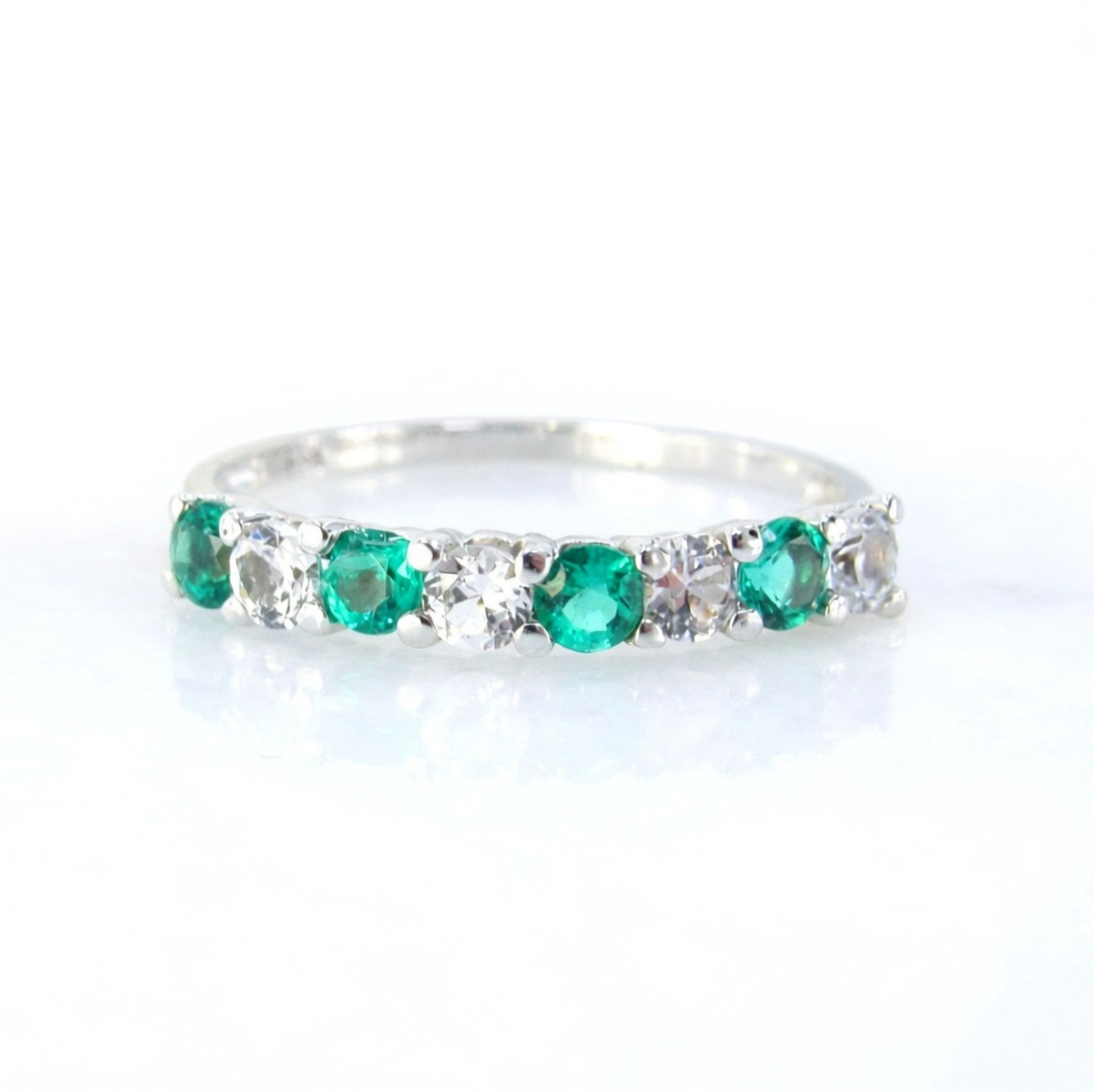 Emerald & White Sapphire 8 gem stone Wedding Band Half Eternity Round ring Emerald Stacking Engagement Ring Anniversary promise band-Ready Wan Love Designs