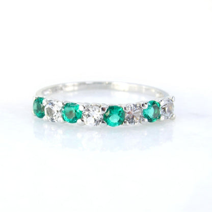 Emerald & White Sapphire 8 gem stone Wedding Band Half Eternity Round ring Emerald Stacking Engagement Ring Anniversary promise band-Ready Wan Love Designs