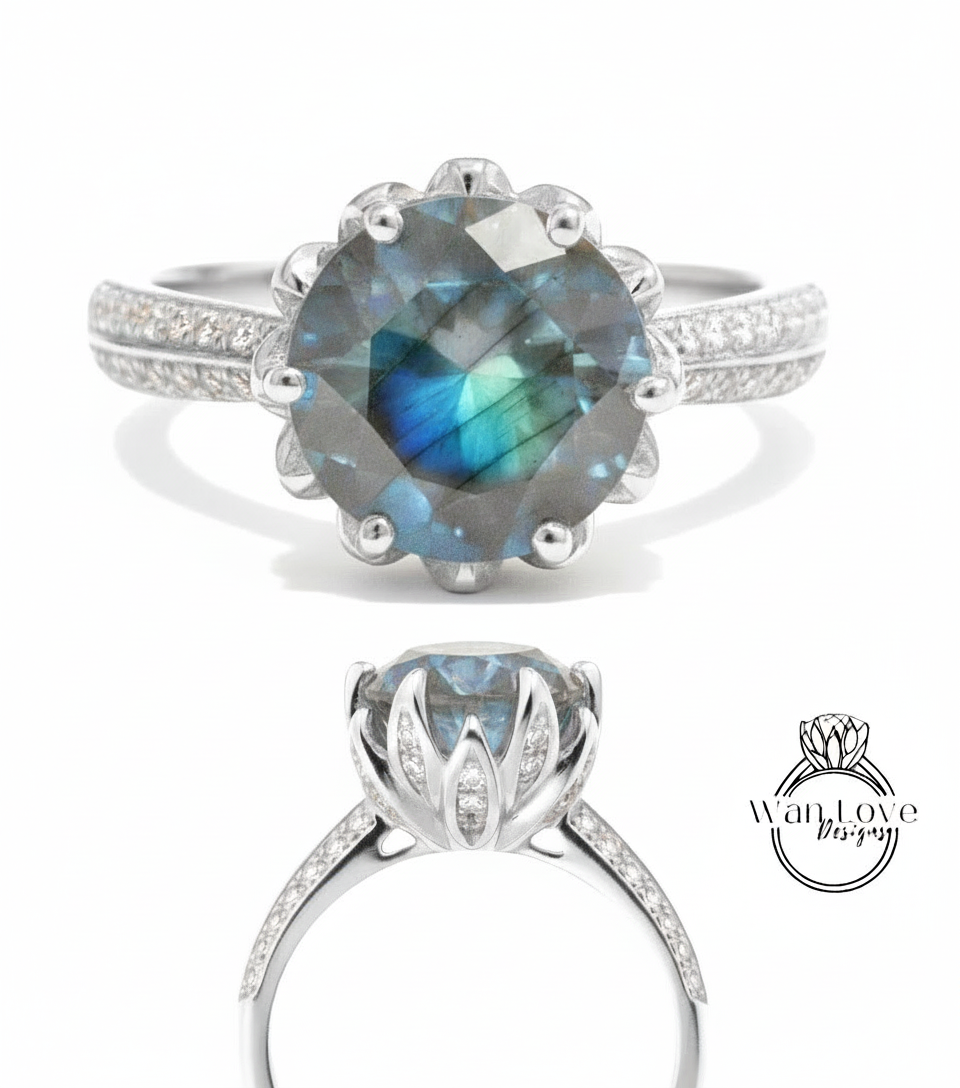 A silver ring with a large blue gemstone, likely a blue topaz, surrounded by smaller diamonds.