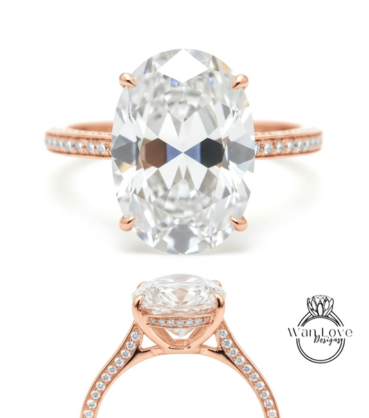 White Sapphire & Diamond Oval side halo 3 sided Almost eternity shank band Engagement Ring 14k/18k Rose White Gold, Celebrity Elongated Oval Bridal wedding Ring, Anniversary Gift