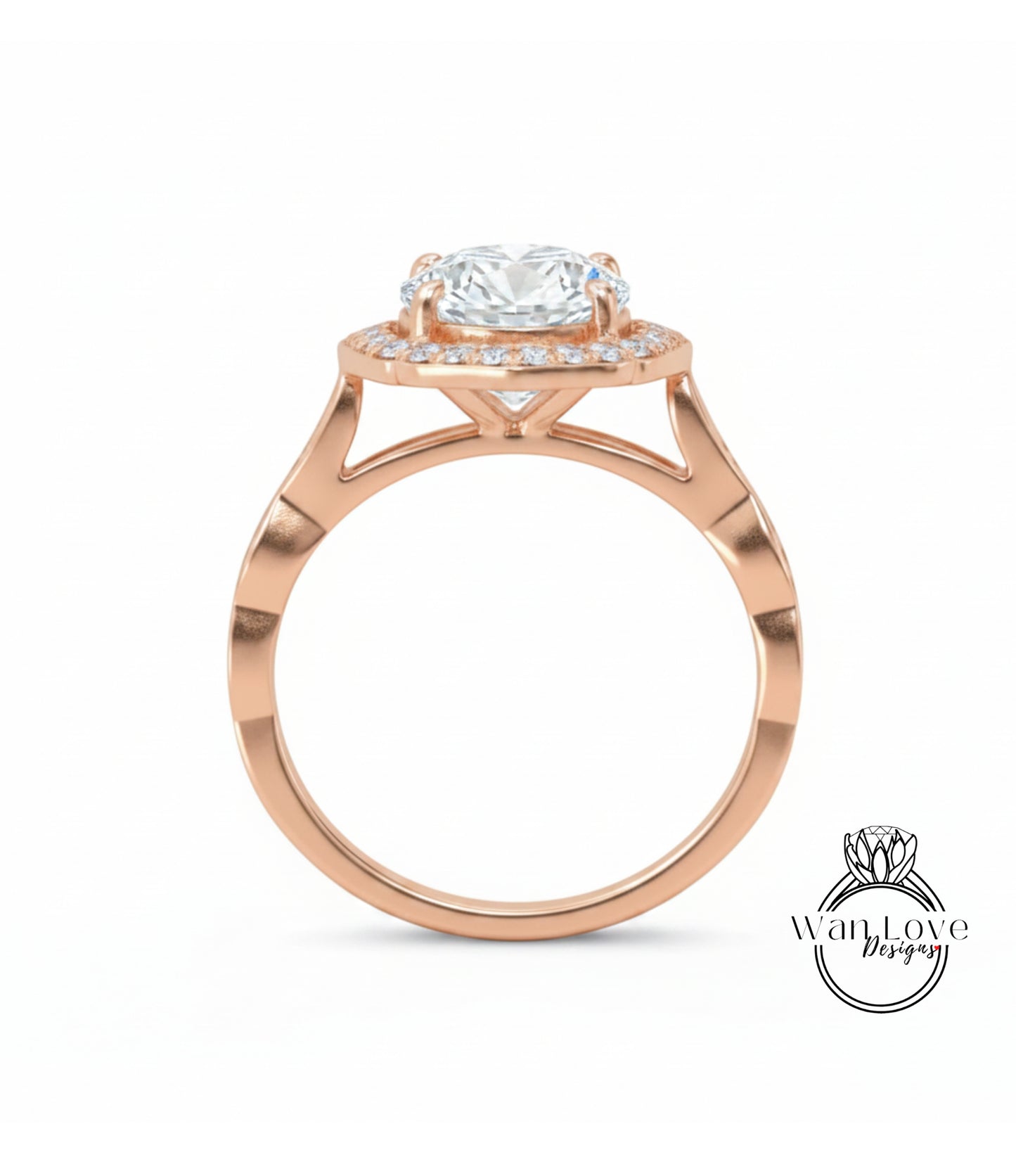 A rose gold engagement ring with a large round diamond set in the center, surrounded by smaller diamonds.