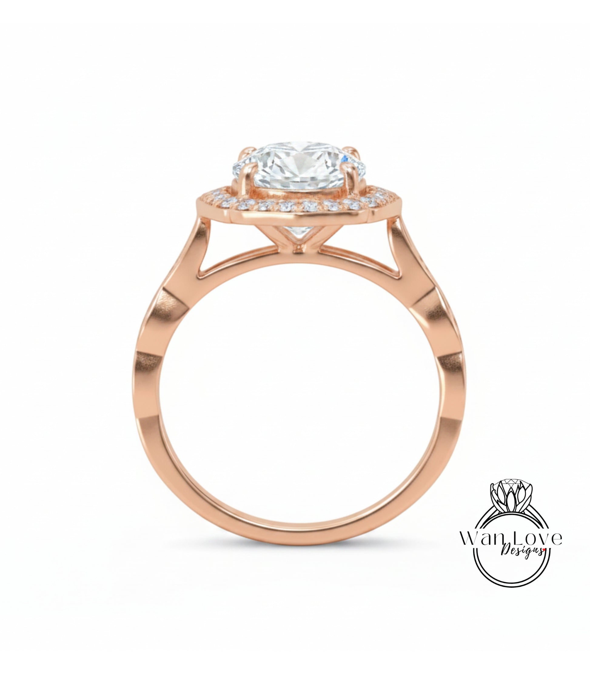 A rose gold engagement ring with a large round diamond set in the center, surrounded by smaller diamonds.