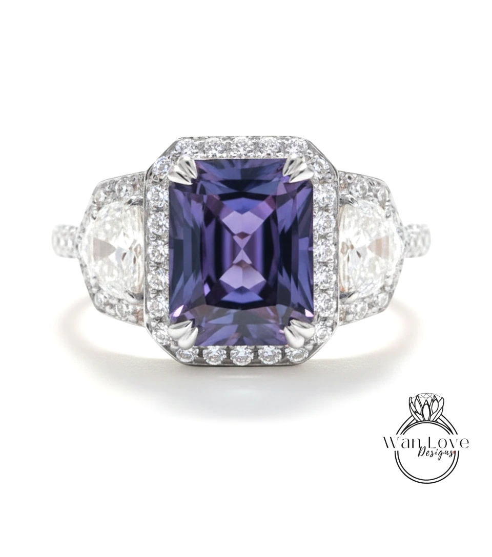 A stunning ring featuring a large, deep purple gemstone surrounded by smaller diamonds, set in a silver band.