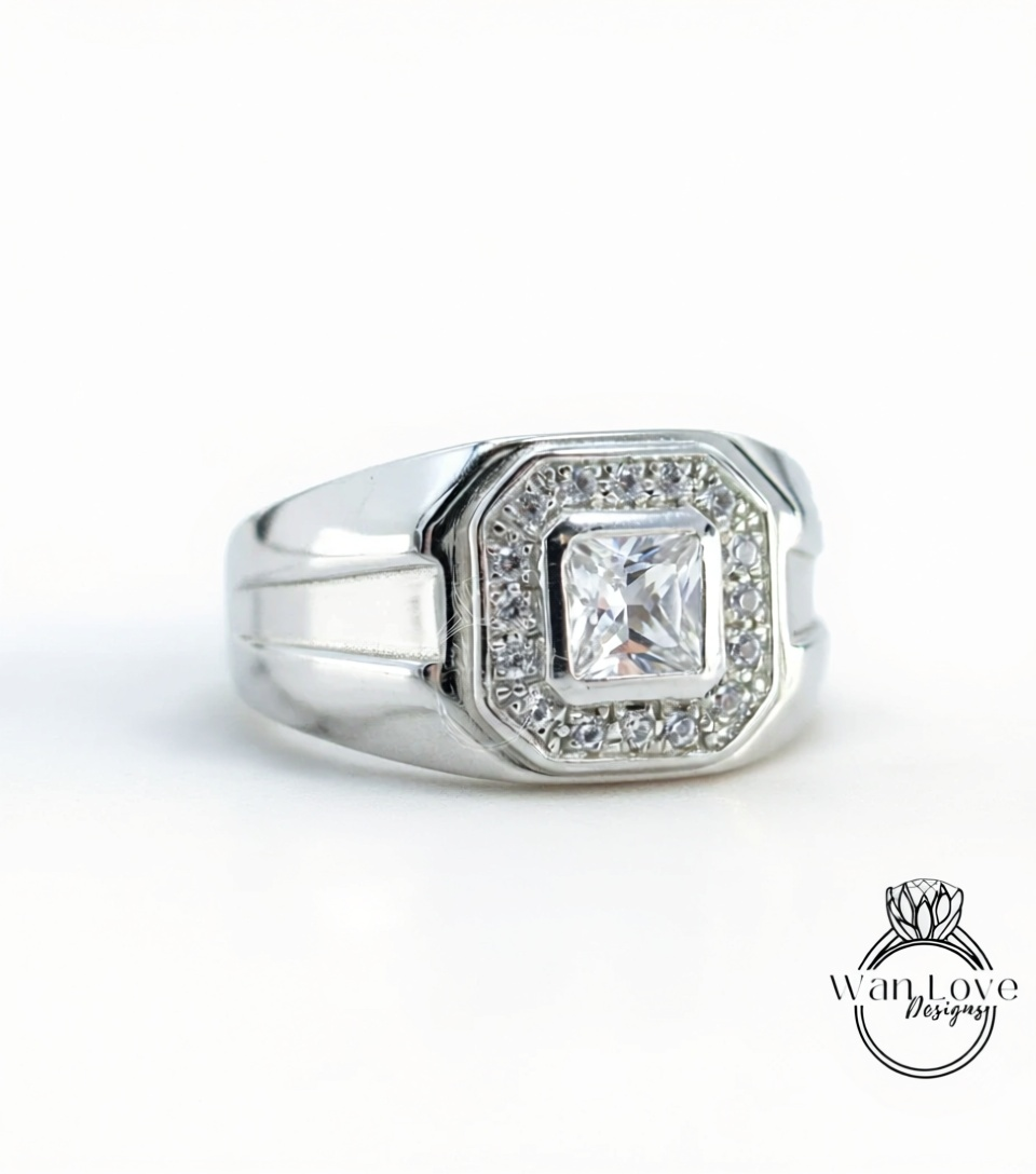 Ready to Ship White Sapphire Mens Wedding Ring Bands Ring Princess Halo .5ct Custom vintage Unique engagement ring mens wedding ring band