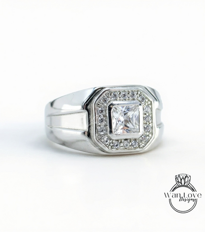 Ready to Ship White Sapphire Mens Wedding Ring Bands Ring Princess Halo .5ct Custom vintage Unique engagement ring mens wedding ring band