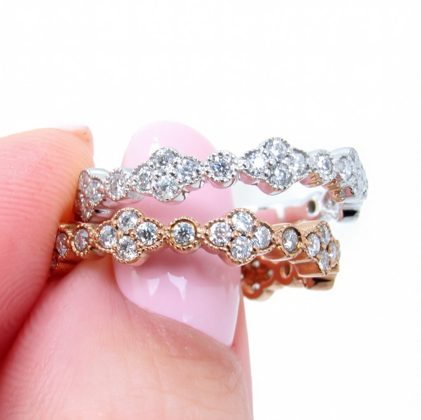 Moissanite clover wedding band rose or white gold ring moissanite bezel set ring stacking matching band Unique Bridal Anniversary ring-Ready