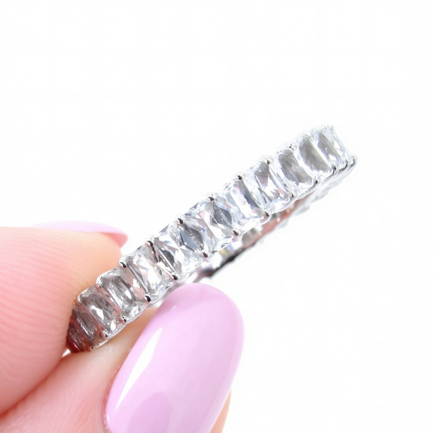 White Sapphire Emerald Radiant cut wedding Band 3/4 Almost Eternity Ring Art Deco Baguette White gold Anniversary promise ring Ready to Ship