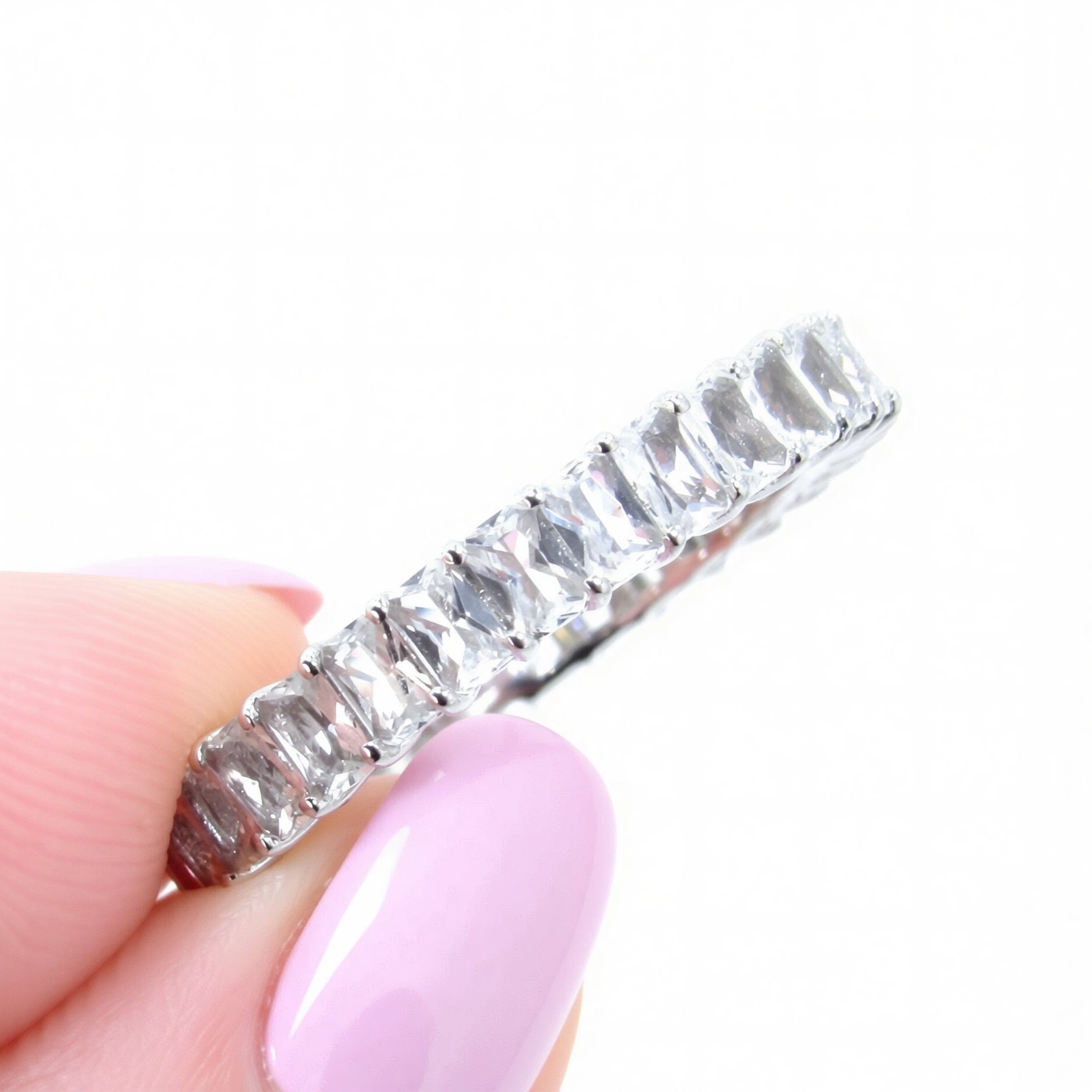 White Sapphire Emerald Radiant cut wedding Band 3/4 Almost Eternity Ring Art Deco Baguette White gold Anniversary promise ring Ready to Ship
