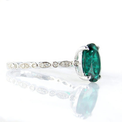 3ct Vintage Oval Emerald Diamonds Scalloped Art Deco Solitaire Engagement Ring, 18k White Gold Ring, Ready to Ship Ring