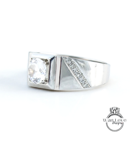 Mens White Sapphire & Diamond Wedding Ring-Round-Diagonal Bands-1.5ct-7mm-Silver Rhodium-Size 9.5-Anniversary Goft-Engagement-Ready to ship