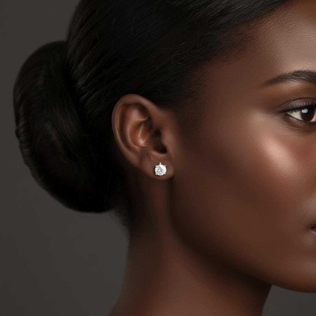 A close-up of a woman's face, focusing on her earrings and hair.