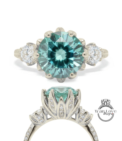 A stunning engagement ring with a large, brilliant blue gemstone set in a silver band, surrounded by smaller diamonds.