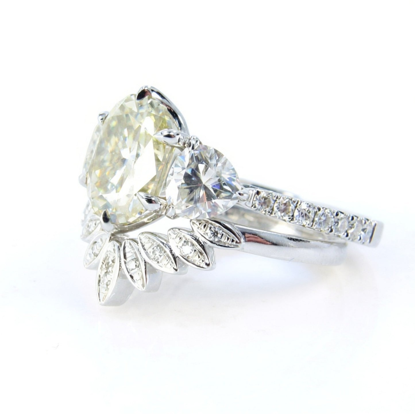 Yellow White Moissanite engagement ring set Cushion moissanite white gold ring curved matching band trillion moissanite ring bridal set