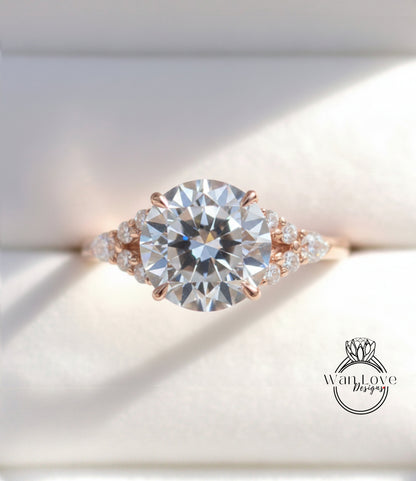 A close-up view of a beautiful engagement ring with a large round diamond set in a rose gold band, surrounded by smaller diamonds.