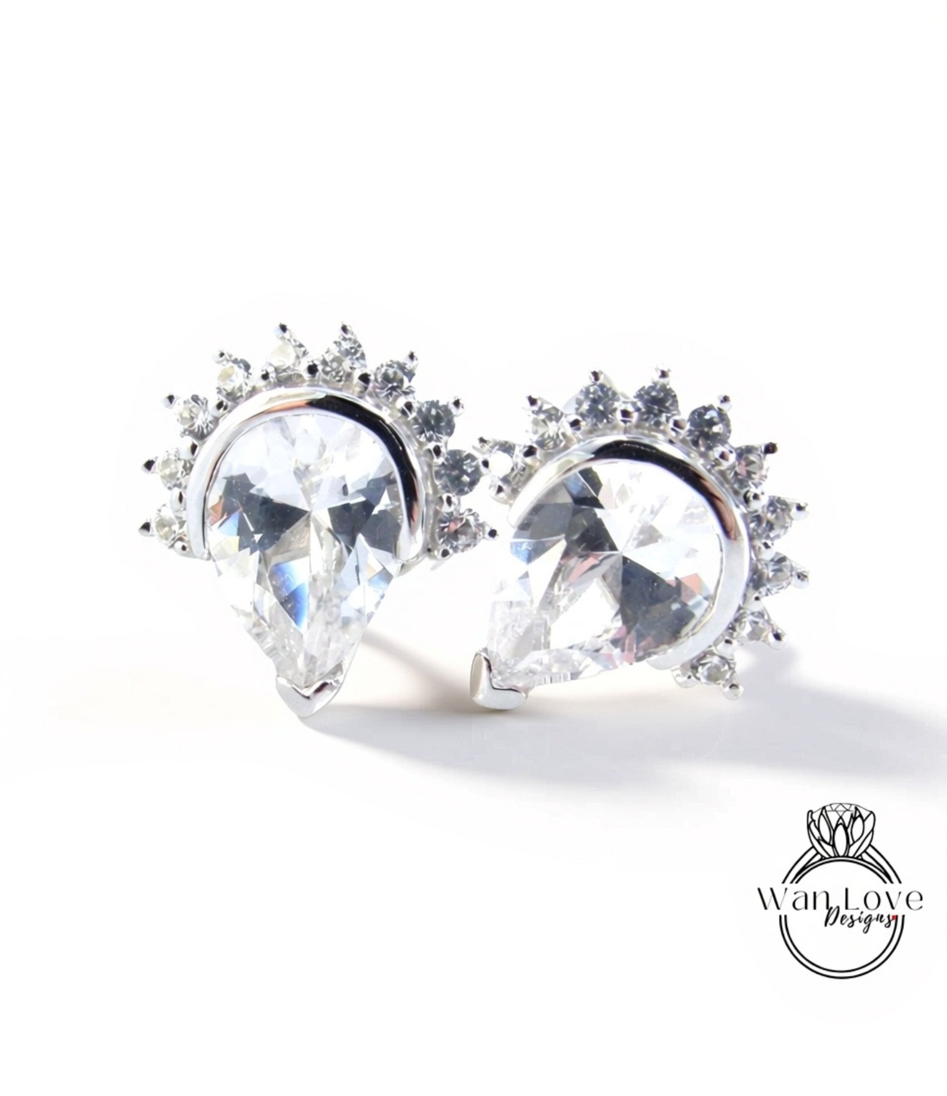 White Sapphire Semi Bezel Pear Crown Half Halo Stud Earrings vintage wedding jewelry white gold art deco earrings pear stud anniversary gift