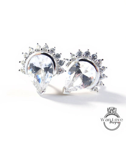 White Sapphire Semi Bezel Pear Crown Half Halo Stud Earrings vintage wedding jewelry white gold art deco earrings pear stud anniversary gift