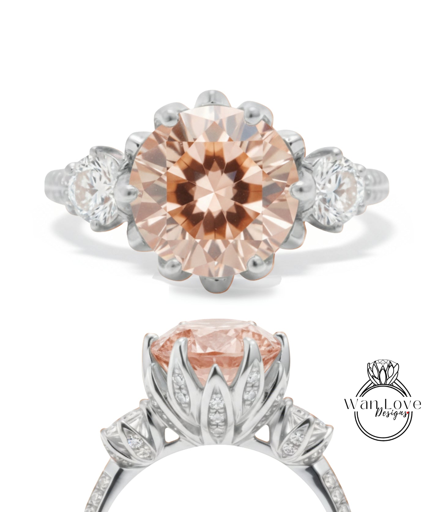 a beautiful engagement ring with a large, round, peach-colored gemstone set in a silver band. The ring is adorned with smaller diamonds and has a delicate floral design around the center stone.