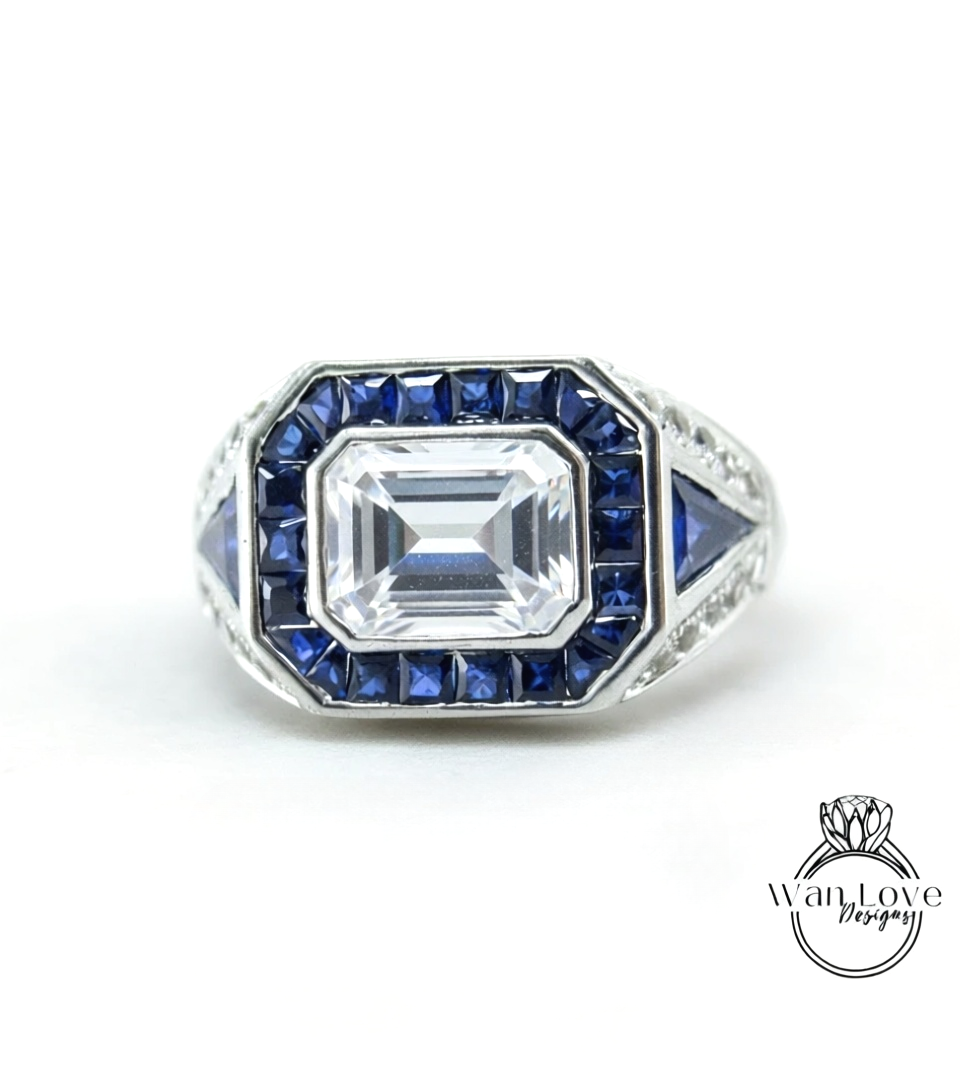 Art Deco Mens Wedding Ring - Mens Blue Sapphire Diamond Ring - Emerald cut Bezel Set Mens Ring - Mans Moissanite Ring - Birthstone Mans Ring