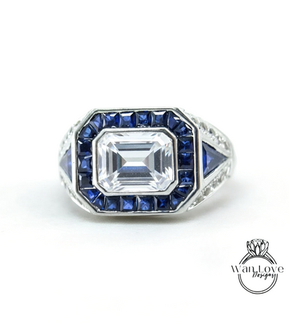 Art Deco Mens Wedding Ring - Mens Blue Sapphire Diamond Ring - Emerald cut Bezel Set Mens Ring - Mans Moissanite Ring - Birthstone Mans Ring