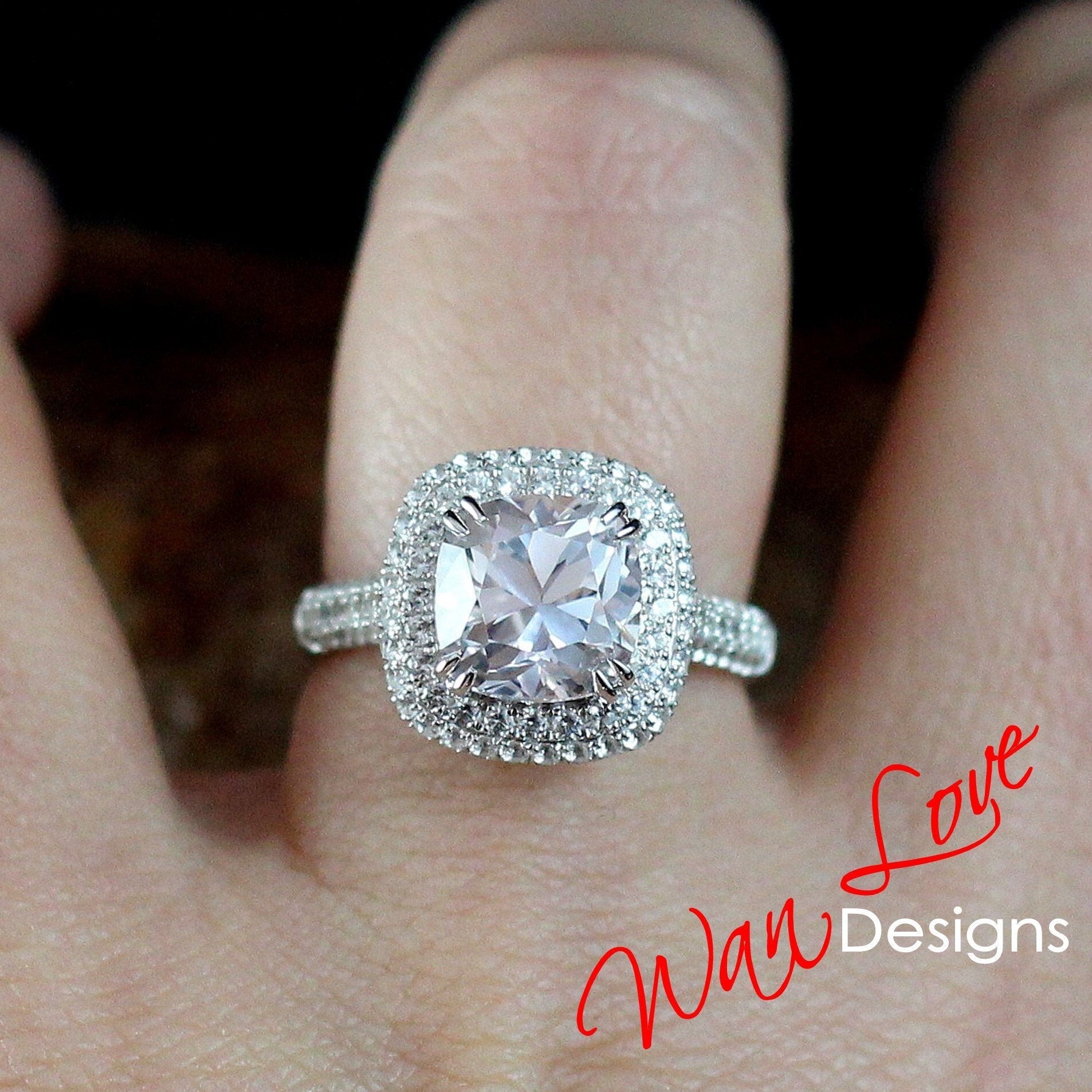 4ct Light Pink & White Sapphire Engagement Ring 3 Row band Pillow Cushion Double Halo sapphire ring unique wedding promise anniversary Gift Wan Love Designs