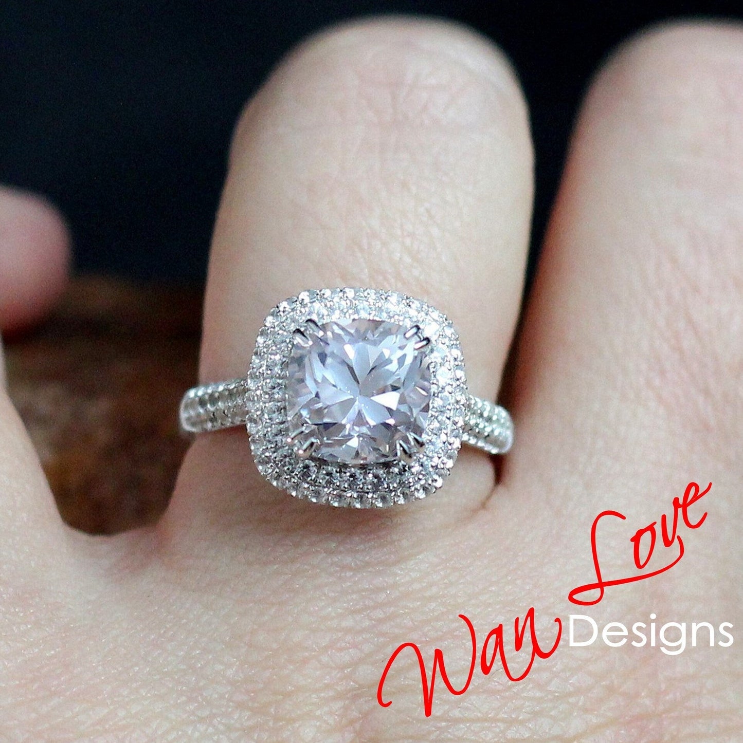 4ct Light Pink & White Sapphire Engagement Ring 3 Row band Pillow Cushion Double Halo sapphire ring unique wedding promise anniversary Gift Wan Love Designs