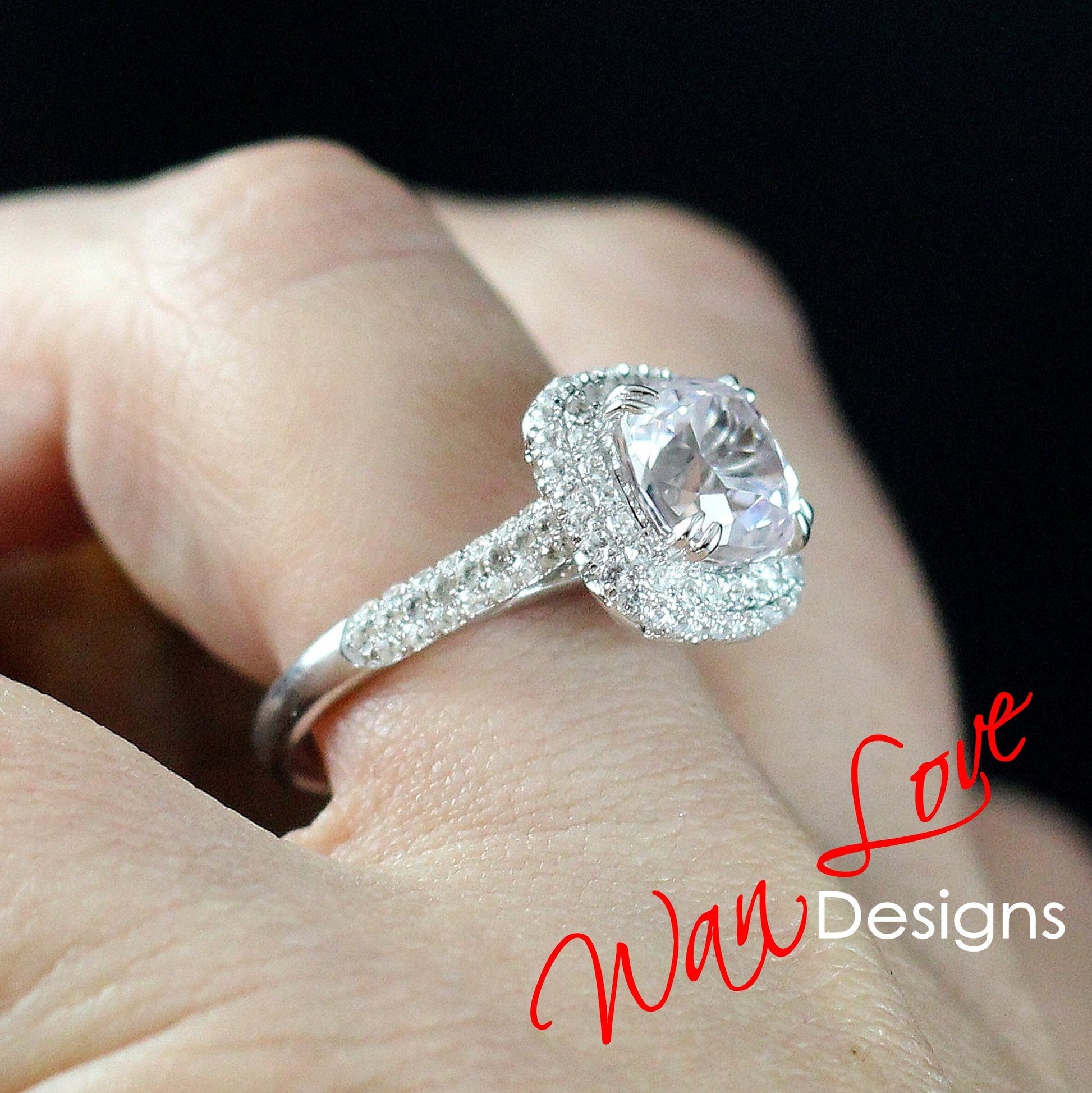 4ct Light Pink & White Sapphire Engagement Ring 3 Row band Pillow Cushion Double Halo sapphire ring unique wedding promise anniversary Gift Wan Love Designs