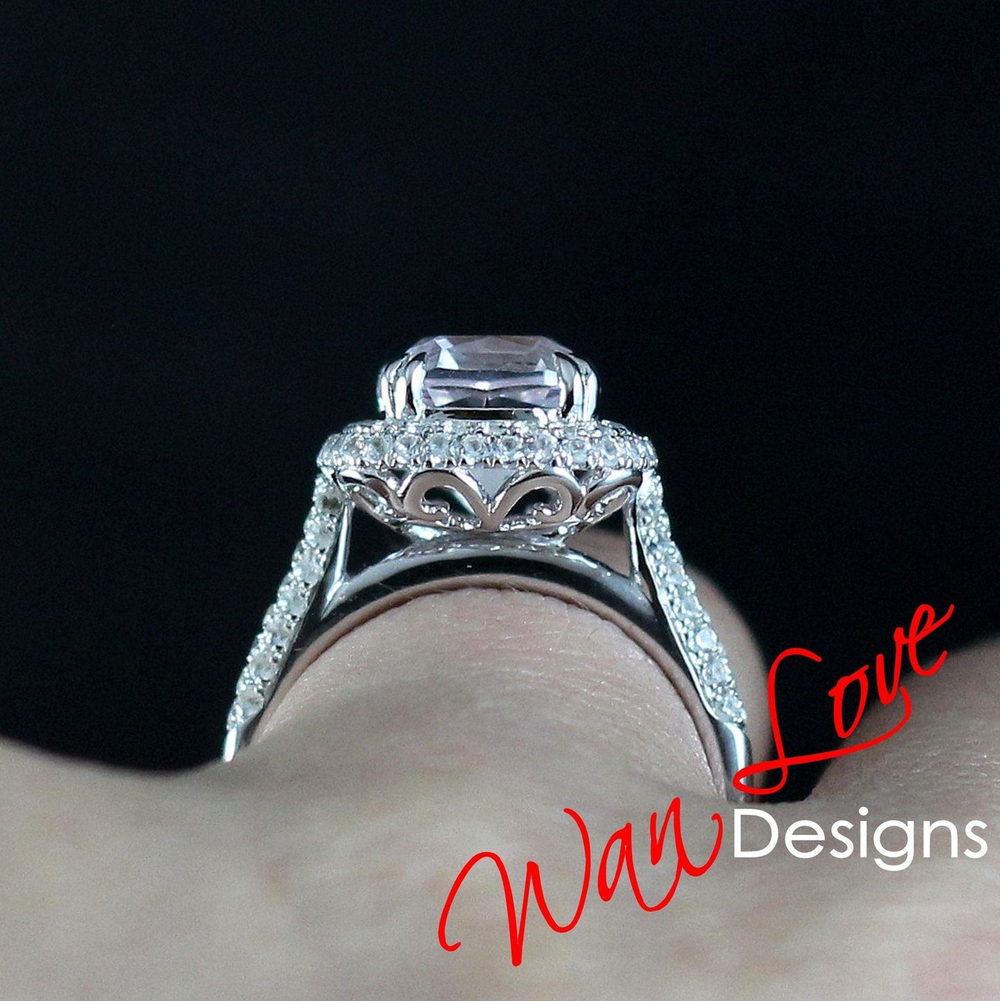 4ct Light Pink & White Sapphire Engagement Ring 3 Row band Pillow Cushion Double Halo sapphire ring unique wedding promise anniversary Gift Wan Love Designs