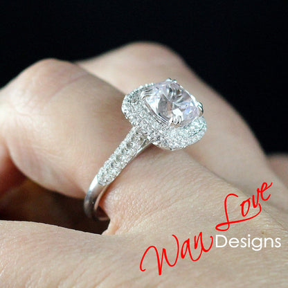 4ct Light Pink & White Sapphire Engagement Ring 3 Row band Pillow Cushion Double Halo sapphire ring unique wedding promise anniversary Gift Wan Love Designs