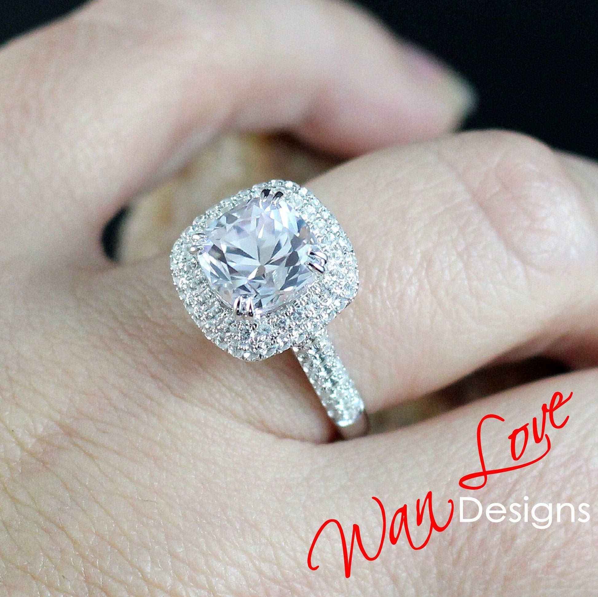 4ct Light Pink & White Sapphire Engagement Ring 3 Row band Pillow Cushion Double Halo sapphire ring unique wedding promise anniversary Gift Wan Love Designs