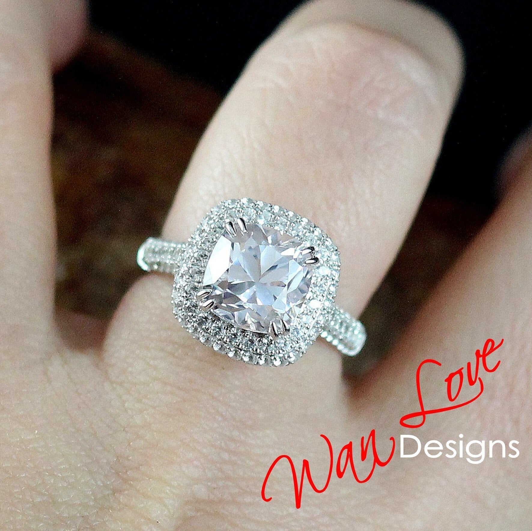 4ct Light Pink & White Sapphire Engagement Ring 3 Row band Pillow Cushion Double Halo sapphire ring unique wedding promise anniversary Gift Wan Love Designs