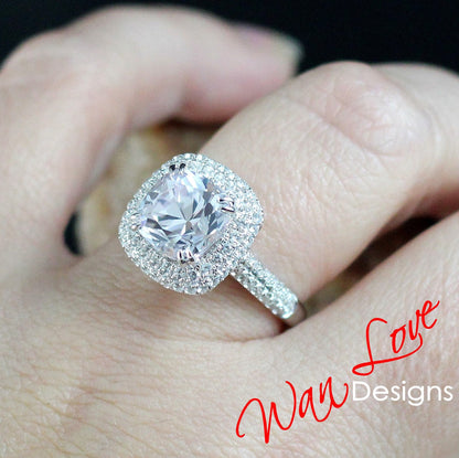 4ct Light Pink & White Sapphire Engagement Ring 3 Row band Pillow Cushion Double Halo sapphire ring unique wedding promise anniversary Gift Wan Love Designs