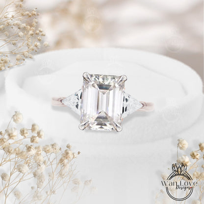 4ct Moissanite Emerald Trillion Engagement Ring Radiant trillions cut 3 gemstone ring wedding ring art deco Bridal Promise Anniversary ring Wan Love Designs