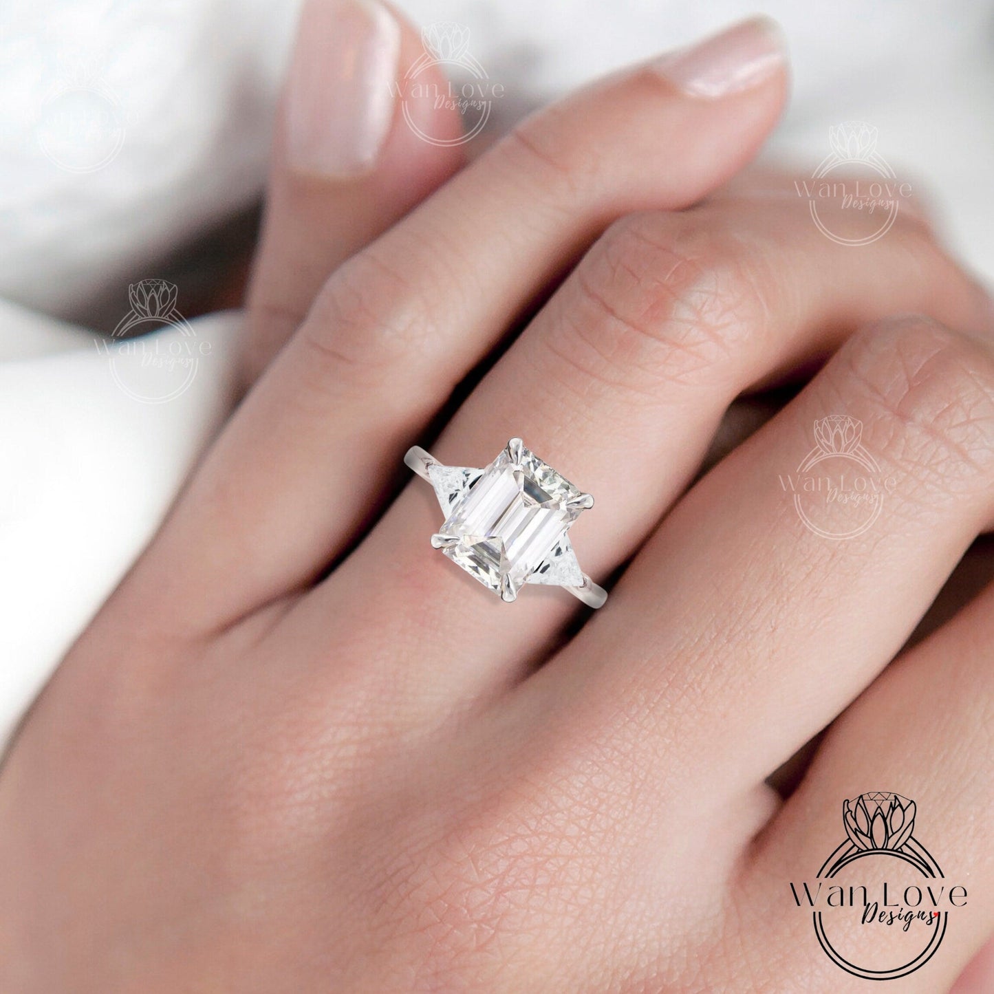 4ct Moissanite Emerald Trillion Engagement Ring Radiant trillions cut 3 gemstone ring wedding ring art deco Bridal Promise Anniversary ring Wan Love Designs