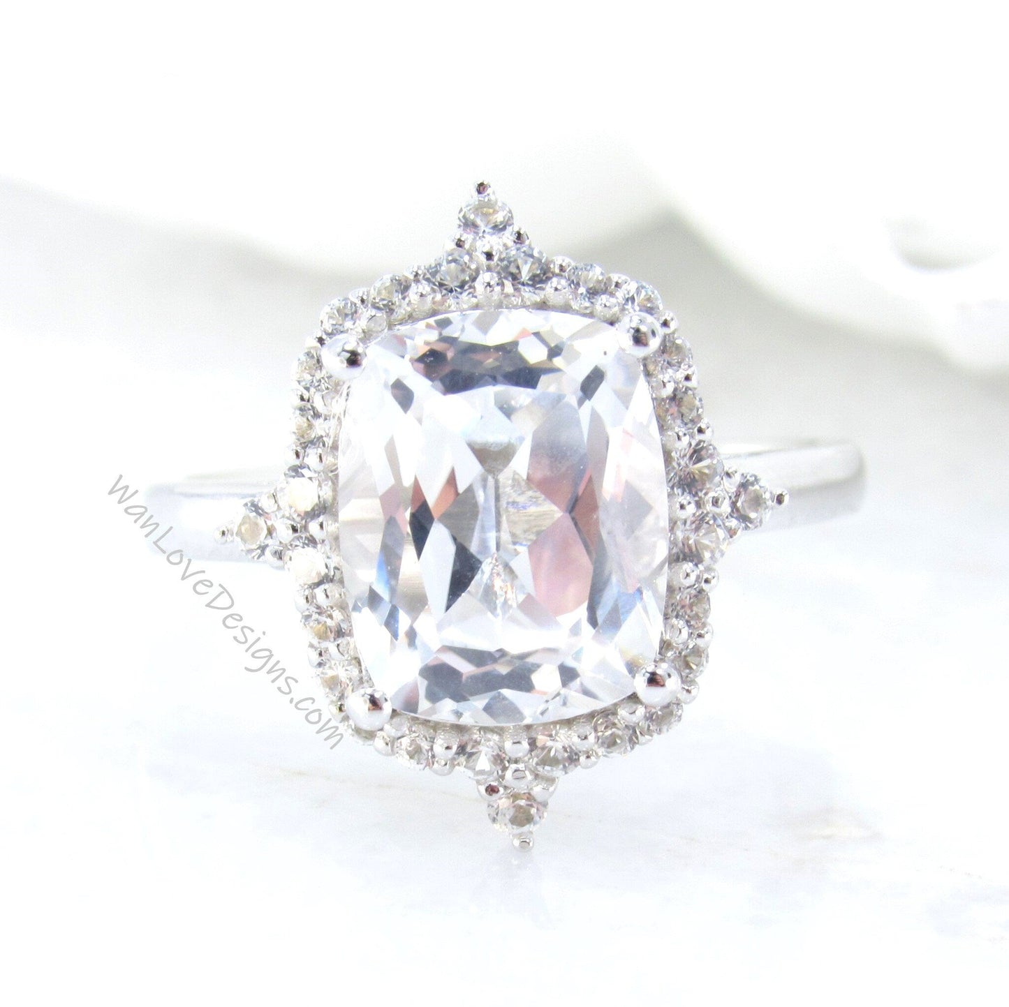 4ct Unique Floral Halo White Sapphire Engagement Ring, Elongated Cushion Sapphire Ring, White Gold Bridal Wedding Anniversary, Ready to Ship Wan Love Designs