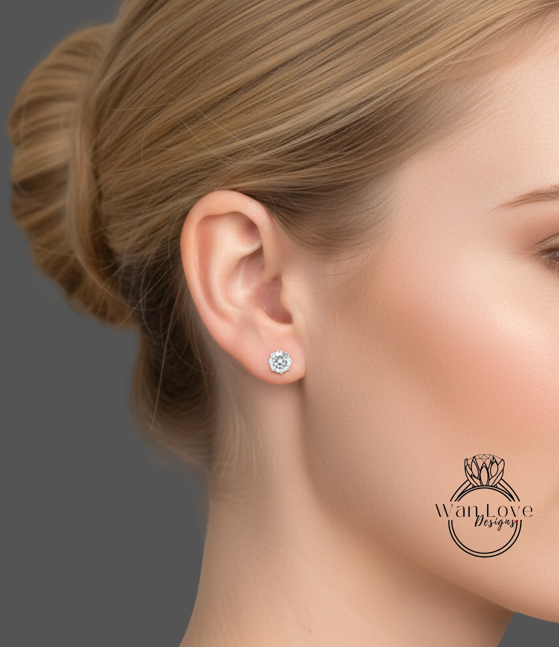 A close-up of a woman's face, focusing on her ear with a diamond earring.