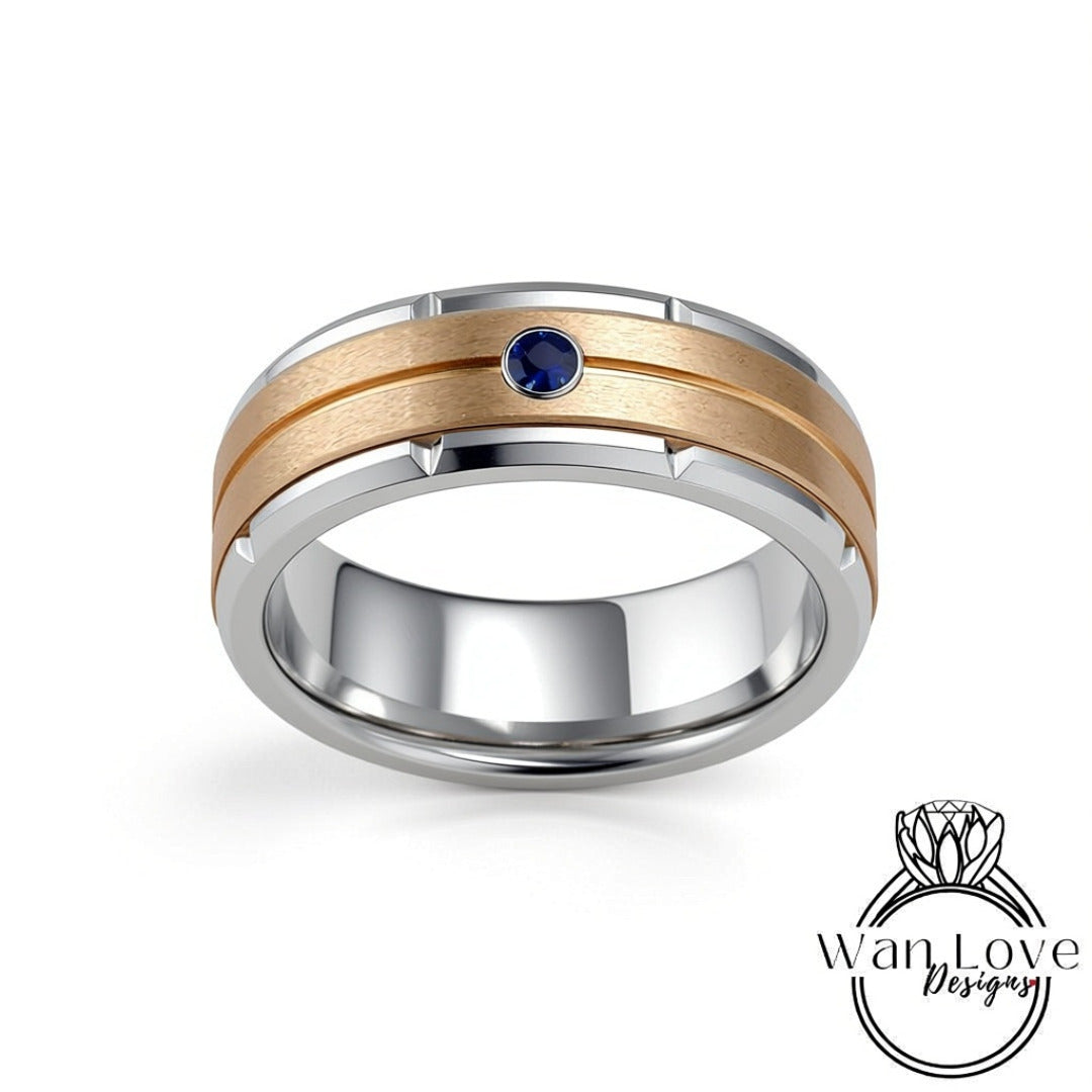 Mens Blue Sapphire Tungsten Band, Mens Silver Gold Wedding Ring, Mens Moissanite Diamond Wedding Ring, Tungsten Carbide Band,Engagement Ring