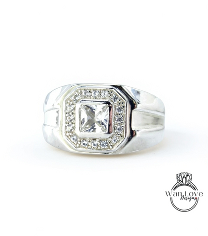Ready to Ship White Sapphire Mens Wedding Ring Bands Ring Princess Halo .5ct Custom vintage Unique engagement ring mens wedding ring band