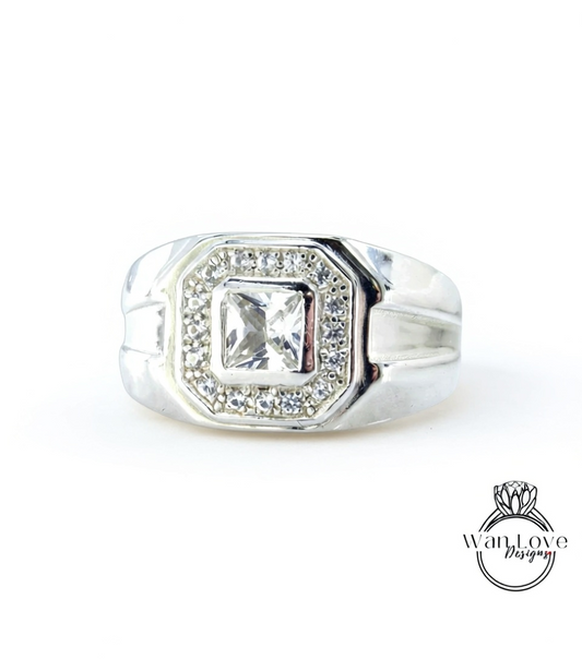 Ready to Ship White Sapphire Mens Wedding Ring Bands Ring Princess Halo .5ct Custom vintage Unique engagement ring mens wedding ring band