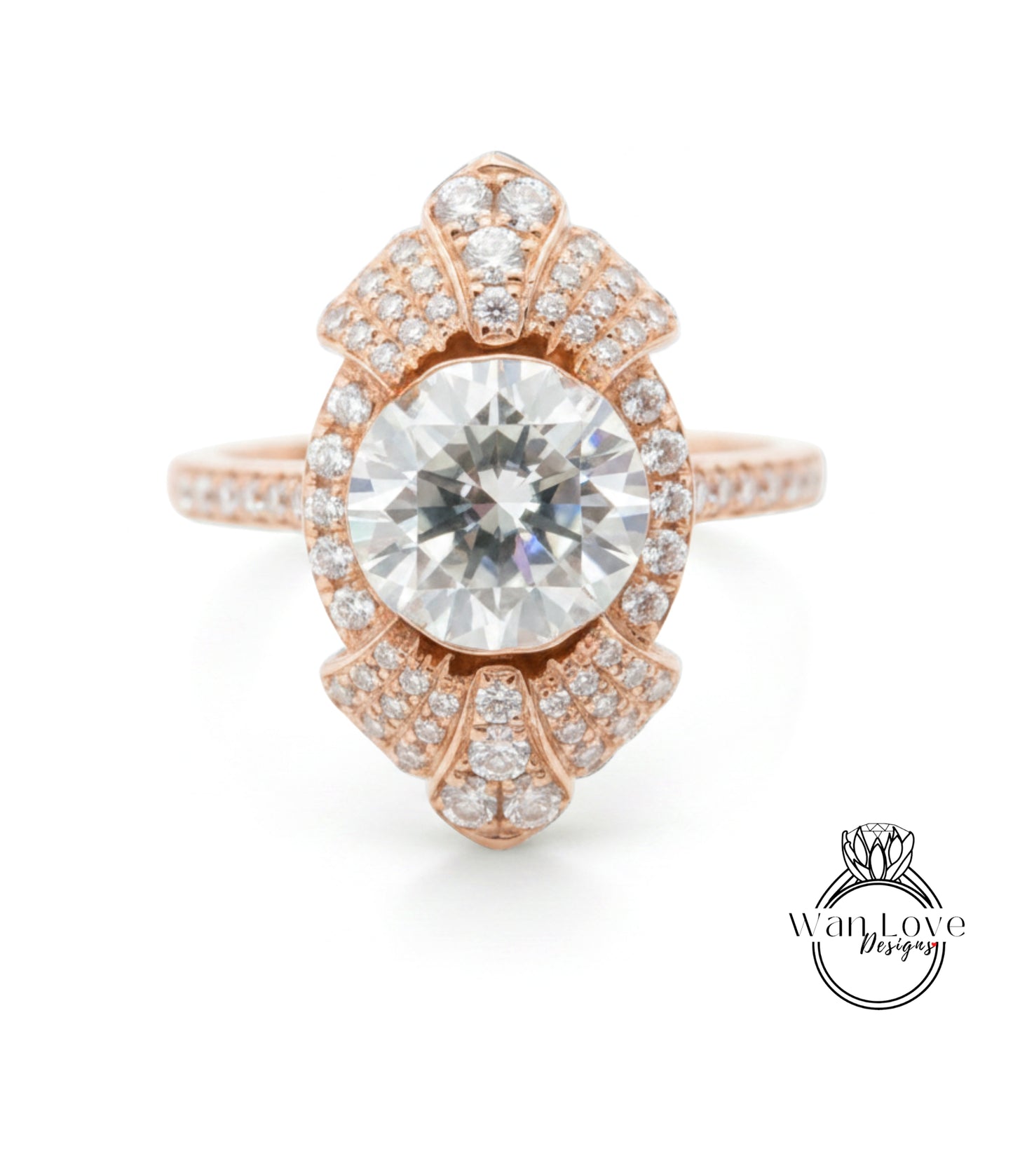 a stunning engagement ring with a large, brilliant-cut diamond set in a rose gold band adorned with numerous smaller diamonds.