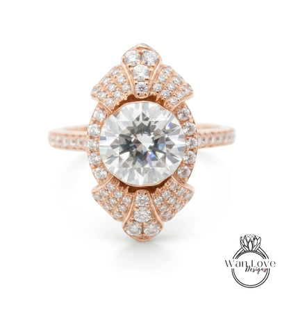 a stunning engagement ring with a large, brilliant-cut diamond set in a rose gold band adorned with numerous smaller diamonds.