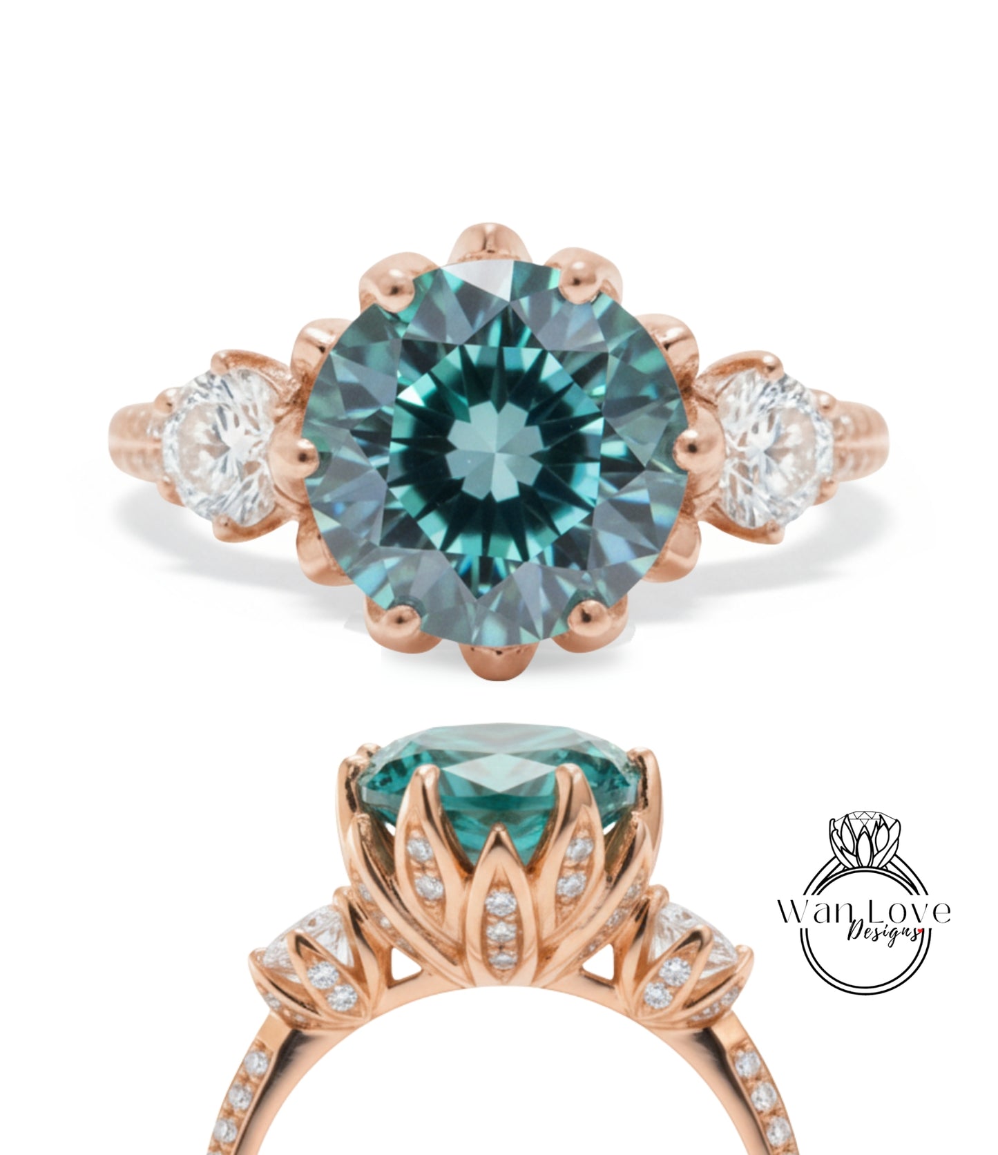 a beautiful engagement ring with a large blue gemstone set in a rose gold band. The ring is adorned with smaller diamonds and has a delicate floral design around the gemstone.