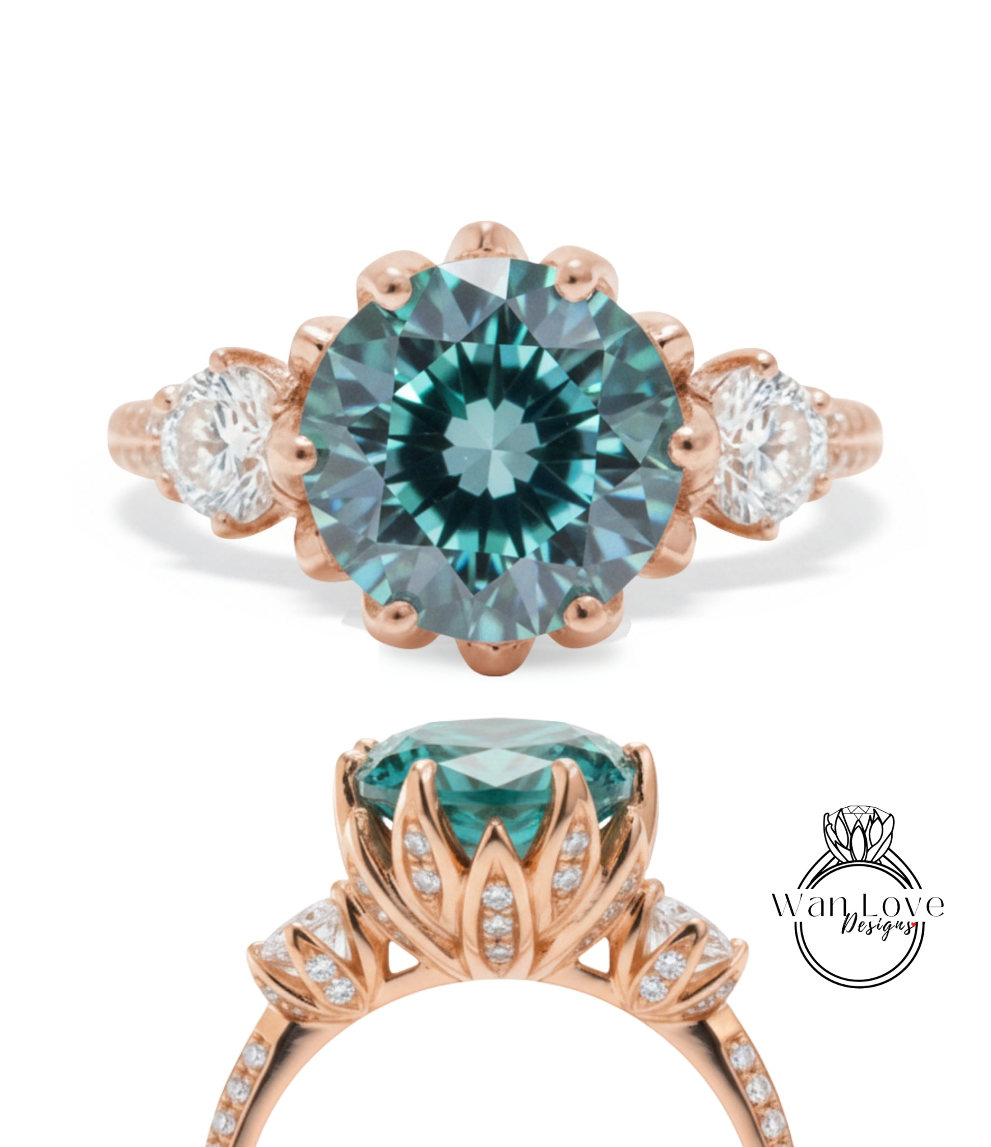 a beautiful engagement ring with a large blue gemstone set in a rose gold band. The ring is adorned with smaller diamonds and has a delicate floral design around the gemstone.